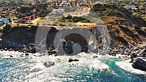 Aero. View from above. Beautiful summer seascape. Rocky beaches of Evia island, Greece.