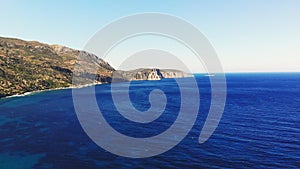 Aero. view from above. beautiful summer seascape. Rocky beaches of Evia island, Greece.