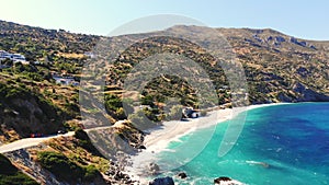 Aero. view from above. beautiful summer seascape. Rocky beaches of Evia island, Greece.