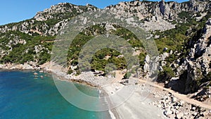Aero. view from above. beautiful summer seascape. Rocky beaches of Evia island, Greece.