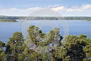 Aero view of clean nordic nature. Beautiful rocks and cliffs with pine woods in North Europe, Baltic sea, gulf of Finland