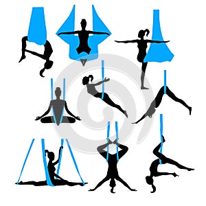 Aero yoga silhouettes. Black and white icons. Vector illustration. photo