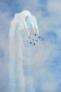 Aerobatic flying display by Black Eagles from the Republic of Korean Air Force (ROKAF) at Singapore Airshow