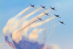 Aerobatic group on the airshow with smoke