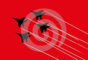 Aerobatic team with fighter aircrafts contrails. Vector silhouette