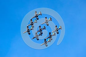 Aerobatic team in formation during aerobatic flight with clear blue sky