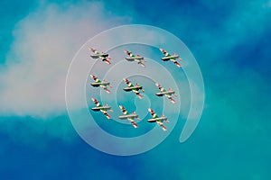 Aerobatic team in formation during aerobatic flight with multicolored sky