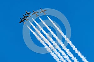 Aerobatic team in formation during aerobatic flight with trails of white smoke and blue sky