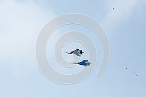 Aerobatics performed by aviation group of aerobatics Military-air forces Russian Knights on planes Su-27