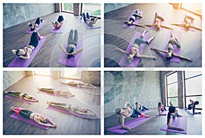 Aerobics flexibility harmony motivation concept. Photo montage multiple image collage of five muscular sportive sporty