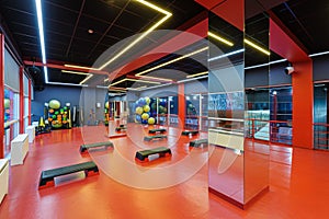 Aerobics gym room interior with step decks