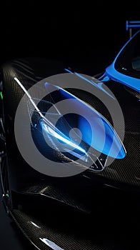 Aerodynamic blue exotic supercar detail of gloss carbon part with beautiful shapes.