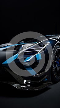 Aerodynamic blue exotic supercar detail of gloss carbon part with beautiful shapes.