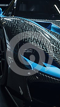 Aerodynamic blue exotic supercar detail of gloss carbon part with beautiful shapes.