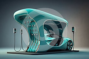 aerodynamic electric car charging up its battery at sleek, futuristic charging station