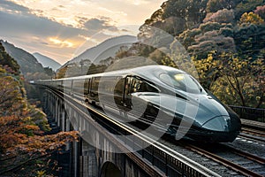 Aerodynamic Hydrogen Train Crossing Bridge at Sunrise