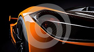 Aerodynamic orange exotic supercar detail of gloss carbon part with beautiful shapes.