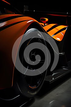 Aerodynamic orange exotic supercar detail of gloss carbon part with beautiful shapes.