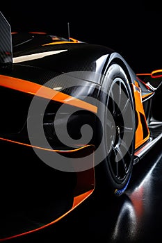 Aerodynamic orange exotic supercar detail of gloss carbon part with beautiful shapes.