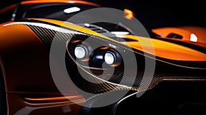 Aerodynamic orange exotic supercar detail of gloss carbon part with beautiful shapes.