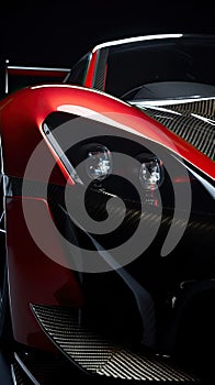 Aerodynamic red exotic supercar detail of gloss carbon part with beautiful shapes.