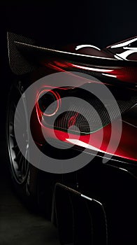 Aerodynamic red exotic supercar detail of gloss carbon part with beautiful shapes.