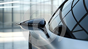 The aerodynamic shape of the side mirrors housing is emphasized in a closeup shot contributing to the cars overall sleek