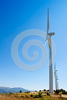 Aerogenerator windmills in a row in blue sky photo