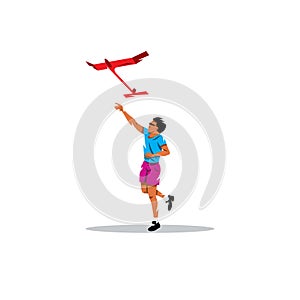 Aeromodelling. Young boy launches the plane. Vector Illustration.