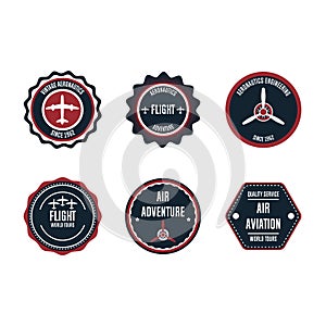 Aeronautic badge vector design set element. Flight emblem retro vintage symbol label. Airplane adventure business sticker. Round photo