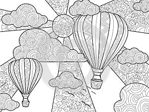 Aeronautic balloon coloring book for adults raster illustration.