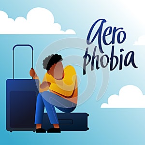 A vector image of a black man with suitcases having an aerophobia