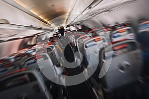 aerophobias concept. plane shakes during turbulence flying air hole. Blur image commercial plane moving fast downwards