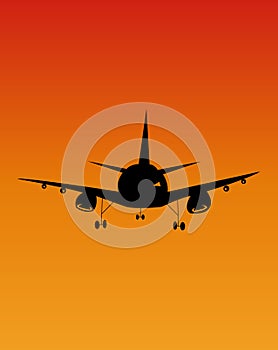 Aeroplan silhouette isolated on yellow and red gradient background - vector