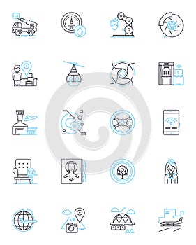 Aeroplane linear icons set. Wings, Jet, Cockpit, Propellers, Altitude, Cabin, Control line vector and concept signs