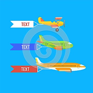 Aeroplane, planes and biplane. Set of colorful flat airplanes.