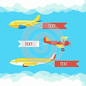 Aeroplane, planes and biplane. Set of colorful flat airplanes with cloud.