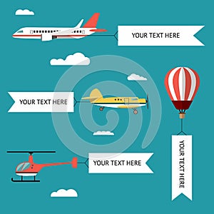 Aeroplane, planes, helicopters, biplane and hot air balloon. Set of colorful flat air transports with cloud. Vector