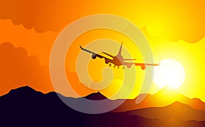 Aeroplane and sunset on mountains- vector