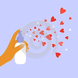 Giving and sharing love concept with hand holding dispenser and spraying heart shapes