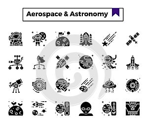 Aerospace and astronomy glyph design icon set.