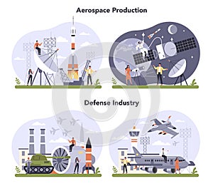 Aerospace and defence industry set. Millitary and cosmos production
