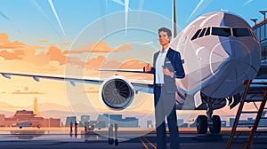 An aerospace engineer standing in front of a commercial airplane.