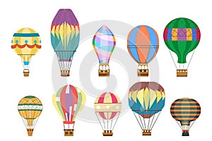 Aerostat air balloon flight travel basket retro airship cartoon isolated on white icons set cartoon flat design vector