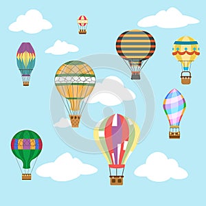 Aerostat air balloon sky clouds flight travel basket retro airship cartoon icons set design vector illustration