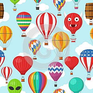Aerostat Balloon transport with basket and clouds flying in blue sky Seamless Pattern, Cartoon air-balloon different