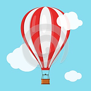 Aerostat Balloon transport with basket flying in blue sky and clouds, Cartoon air-balloon icon ballooning adventure