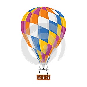 Aerostat Balloon transport with basket icon isolated on white background, Cartoon mosaic rainbow air-balloon ballooning