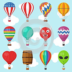 Aerostat Balloon transport with basket set flying in sky, Cartoon air-balloon different shapes ballooning adventure