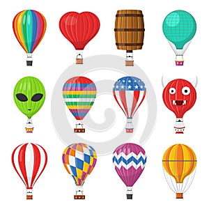 Aerostat Balloon transport with basket set isolated on white background, Cartoon air-balloon different shapes ballooning